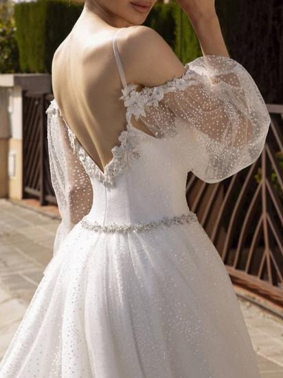 Formal A-Line Wedding Dress Spaghetti Strap Lace Tulle Sequined Long Sleeve Sexy Backless Bridal Gowns with Sweep Train_2