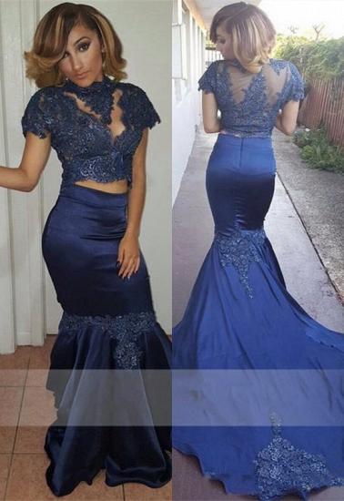 Dark Navy Mermaid Two Pieces Prom Dresses 2022 Short Sleeves High Neck Evening Dresses_2