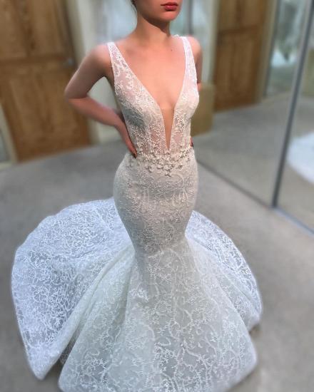 Sexy Straps V-neck Beads Lace Wedding Dresses 2022 | Sleeveless Mermaid Court Train Bridal Gowns_3