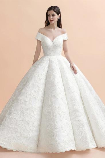 Off Shoulder Floor Length Bridal Gowns Lace Appliques Chapel Train Wedding Dress_11