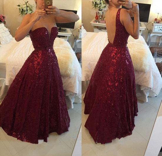 A-Line Burgundy Sweetheart Crystal Evening Dress with Beadings Open Back Floor Length Prom Gowns_2