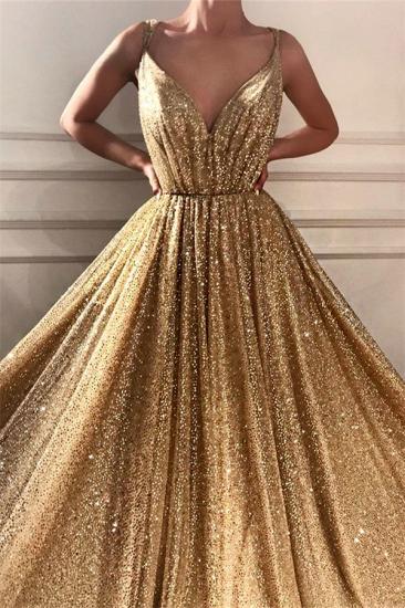 Glamorous Sequins Spaghetti Straps Long Prom Dress | Sparkle V Neck Sleeveless Gold Prom Dress_2