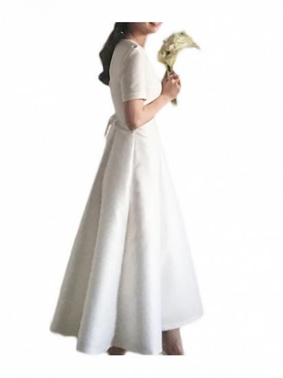 Vintage A-Line Wedding Dress V-Neck Satin Short Sleeve Formal Simple Plus Size Bridal Gowns Sweep Train_3