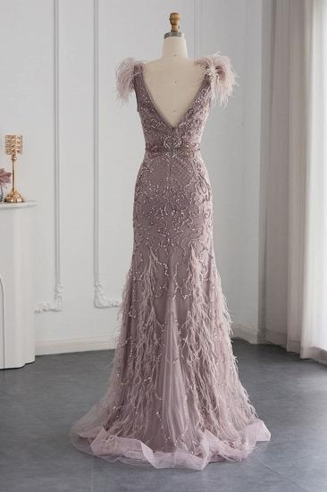 Gorgeous V-Neck Shinystones Beading Mermaid Evening Gown with Feather Dubai Party Gowns_8