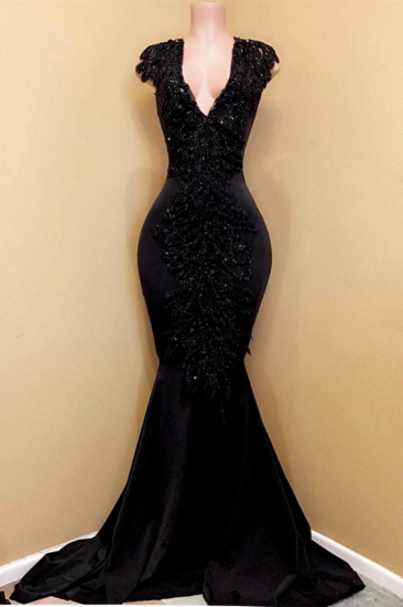Sleeveless V-neck Mermaid Beads Appliques Sexy Black Prom Dresses Cheap