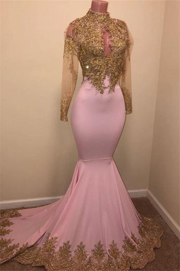 Mermaid Sheer Tulle Long Sleeve High Neck Gold Appliques Prom Dresses