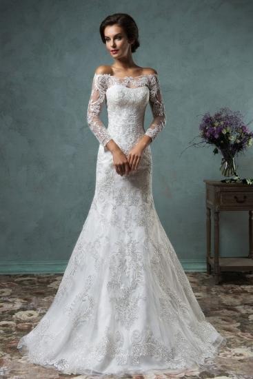 Gorgeous Off the Shoulder Detachable Train Wedding Dresses Long Sleeve Lace 2022 Bride Dress_4