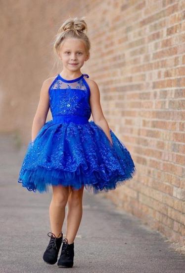 Neueste Königsblau Spitze Appliques Blumenmädchen Kleid | Halfter Puffy Mini Little Girls Festzug Kleid