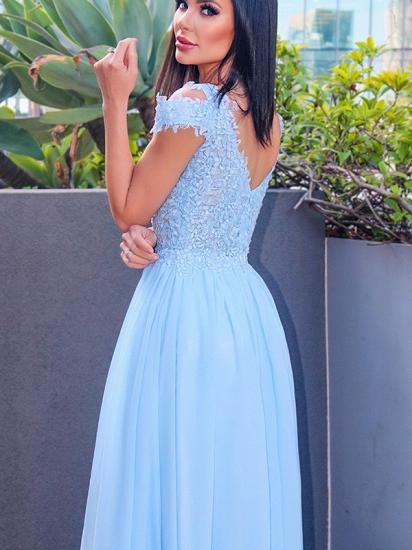 Cap sleeves sky blue high split prom dress with lace appliques_3