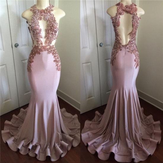 Pink Sleeveless Mermaid Prom Dresses 2022 | Open Back Beads Crystals Appliques Evening Gown_5