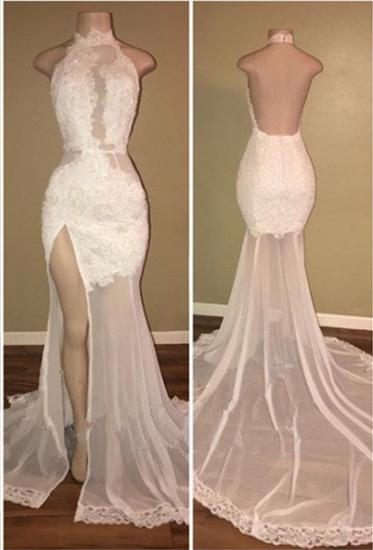 Elegant White Lace Halter Prom Dress Mermaid Backless Party Dress With Slit_2