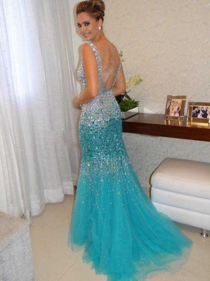 Sexy Mermaid Tulle Long Evening Dress with Crystals Open Back Plus Size Formal Occasion Gowns_2