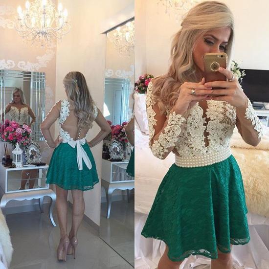 White Appliques Top Green Lace Skirt 2022 Homecoming Dresses Long Sleeve Beaded Evening Gown_3
