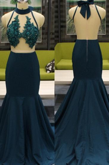 Sexy Mermaid High Neck Sheer Sleeveless Lace Appliques Zipper Prom Dresses |  Bow Neck Open Back Sweep Train Gowns_1
