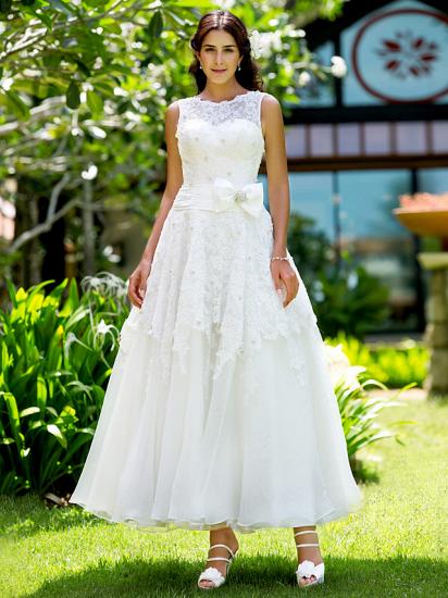 A-Line Wedding Dress Bateau Ankle Length Lace Straps White Bridal Gowns  On Sale_1