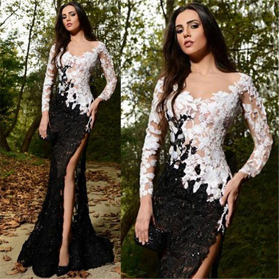 Black and White Lace Evening Dresses | Sexy Side Slit Formal Dresses with Sleeves_2