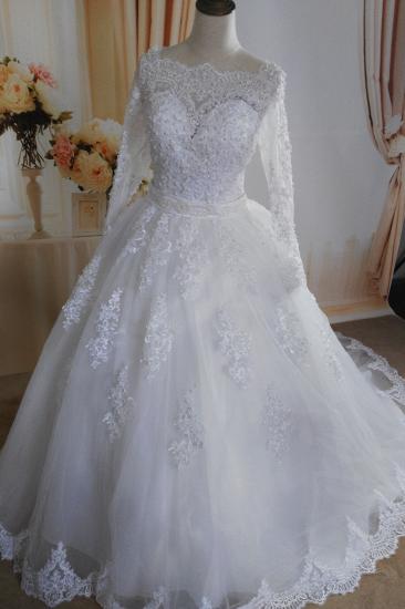 TsClothzone Wunderschönes Tüll-Spitze-Weiß-Hochzeitskleid mit langen Ärmeln, Applikationen, Brautkleidern mit Perlen_2