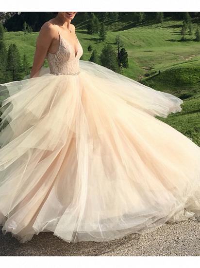 Sexy A-Line Wedding Dress V-neck Spaghetti Strap Lace Tulle Sleeveless Bridal Gowns with Sweep Train_1
