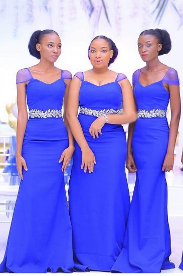 Sweetheart Neckline Cap Sleeves Floor Length Bridesmaid Dress With A Belt Of Leaves Pattern | Royal Blue Wedding Party Prom Dresses