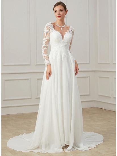 Formal Sheath Wedding Dress V-Neck Lace Tulle Long Sleeves Plus Size Bridal Gowns with Sweep Train_2