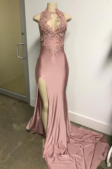 Pink Sleeveless Front Slit Appliqued Long Mermaid Prom Dresses_1