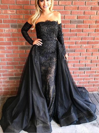 Gorgeous Black Long Sleeves Evening Gowns 2022 Sheath Beads Prom Dresses with Over-Skirt_1