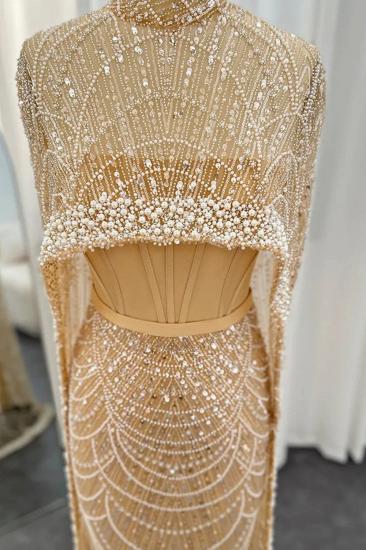 Gorgeous Champagne Cape Sleeves Mermaid Evening Dress Dubai See-through Pearls Party Dress_5
