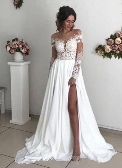 Glamorous Long Sleeve Lace Wedding Dresses | Chiffon Bridal Gowns With Slit_1