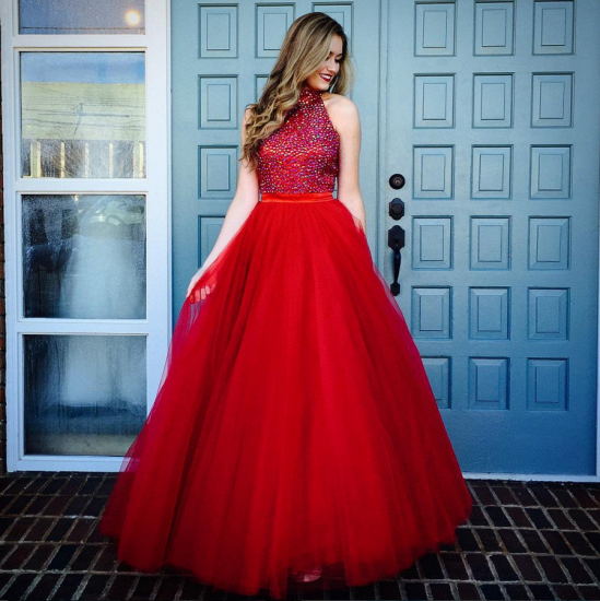 Glamorous Red A-line High Neck Evening Dresses 2022 Crystal Sleeveless Tulle Prom Dresses_3