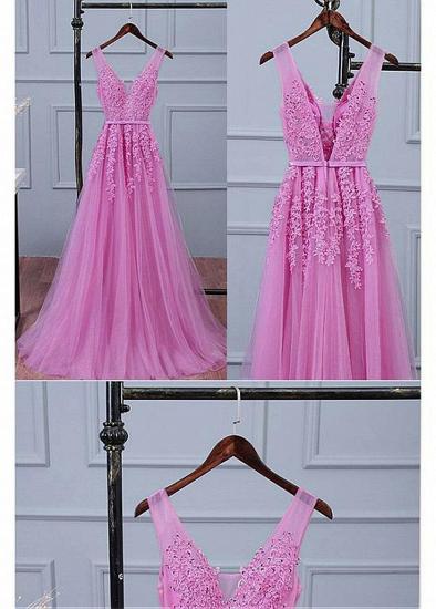 Pinkes Brautjungfernkleid in A-Linie mit V-Ausschnitt und perlenbesetzter Spitze_3
