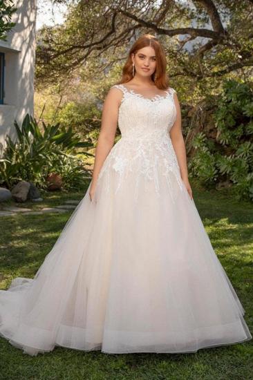 Modest Sleeveless Tulle V-neck Plus size Ivory Summer Wedding Dress with Appliques_1