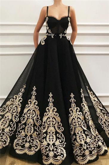 Straps Sweetheart Black Tulle Prom Dress | Charming Sleeveless Champagne Appliques Long Prom Dress