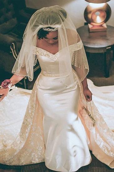 Retro White Off-the-shoulder Mermaid Wedding Dresses with Overskirt_1