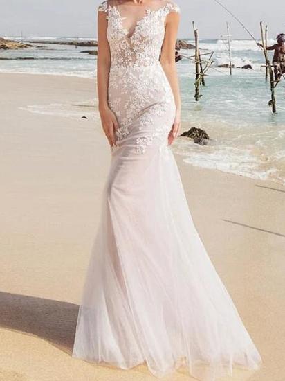 Sexy durchsichtiges Meerjungfrau-Hochzeitskleid Jewel Lace Tüll Ärmellose Brautkleider mit Sweep-Zug