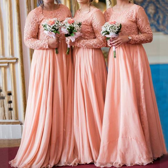 Long Sleeves Lace Appliqued Floor Length Bridesmaid Dresses | Affordable Coral Long Wedding Party Dresses_1