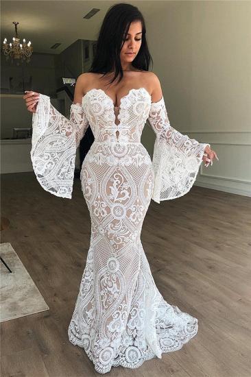 Off The Shoulder Lace Evening Dress Sexy | Strapless Bell Sleeves Prom Dresses Online