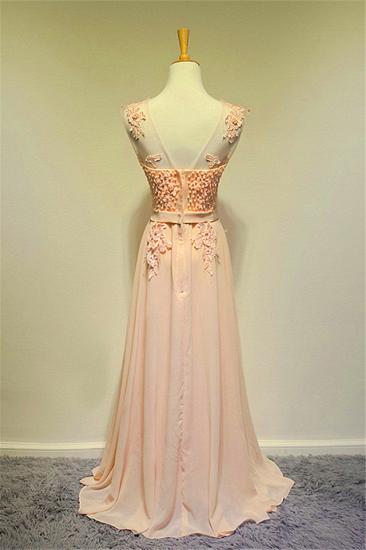 Applique Pink Chiffon Long Evening Dresses with Pearls A-line Sheer Back Sweep Train Zipper Prom Dresses_2