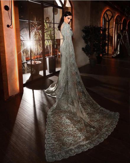 Charming Long Sleves Satin mermaid Evening Maxi Dress with Side Cape 3D Floral Lace Appliques_3