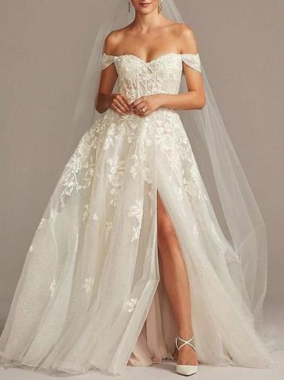 A-Line Wedding Dresses Off Shoulder  Tulle Short Sleeve Sweep Train Lace Illusion_1