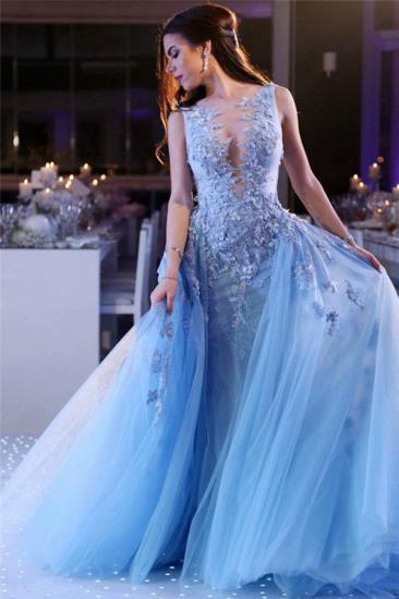 Popular Sky Blue Lace Prom Dresses Online | Sleeveless  Overskirt Tulle Evening Dresses