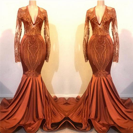 Cheap Dust Orange Mermaid Prom Dresses with Sleeves | V-neck Lace Appliques Real Evening Dress Online 2022_3