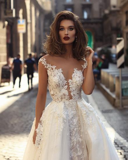 Lace Appliques Beads Overskirt Tulle Wedding Dresses | Cap Sleeves Sheer Back Sexy Cheap Bridal Gowns 2022_4