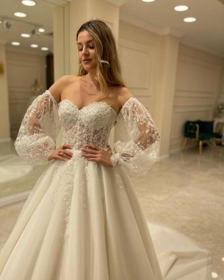 Sweetheart Aline Tulle Wedding Dress With Sleeves_3