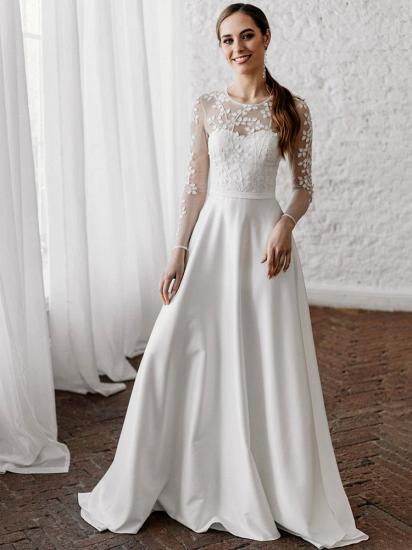 Long Sleeves Appliques Satin White Lace Wedding Dresses Long_1