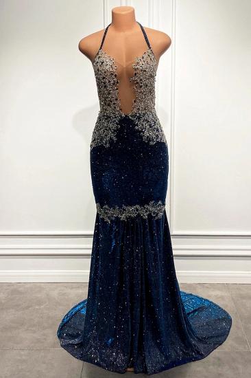 Sparkle navy blue lace applique mermaid prom dress_3