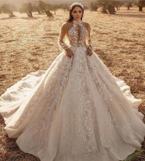 Luxury 3D Flroal Appliques Aline Ball Gown Cathedral Train_2