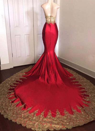 2022 Sexy Strapless Red Prom Dress with Gold Lace | Mermaid Prom Dresses on Mannequins with Long Train_3