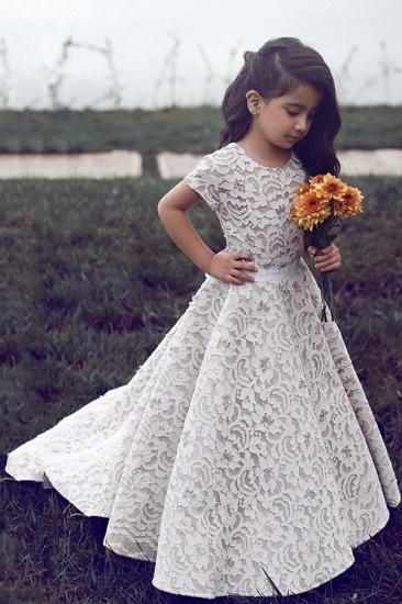 Cute Short Sleeves Princess Lace Flower Girl Dresses | White Little Girls Peagant Dress with  Ribbon for Summer Wedding_1