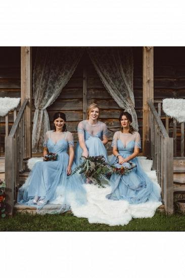 Blaues, plissiertes Brautjungfernkleid mit Schlingen- und Bodenspitze_4