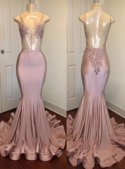 Newest Pink Beads Spaghetti Strap Prom Dress | Mermaid Prom Dress